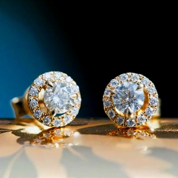 White Sapphire Halo Studs  Yellow 18K Gold Pl. - Picture 1 of 4